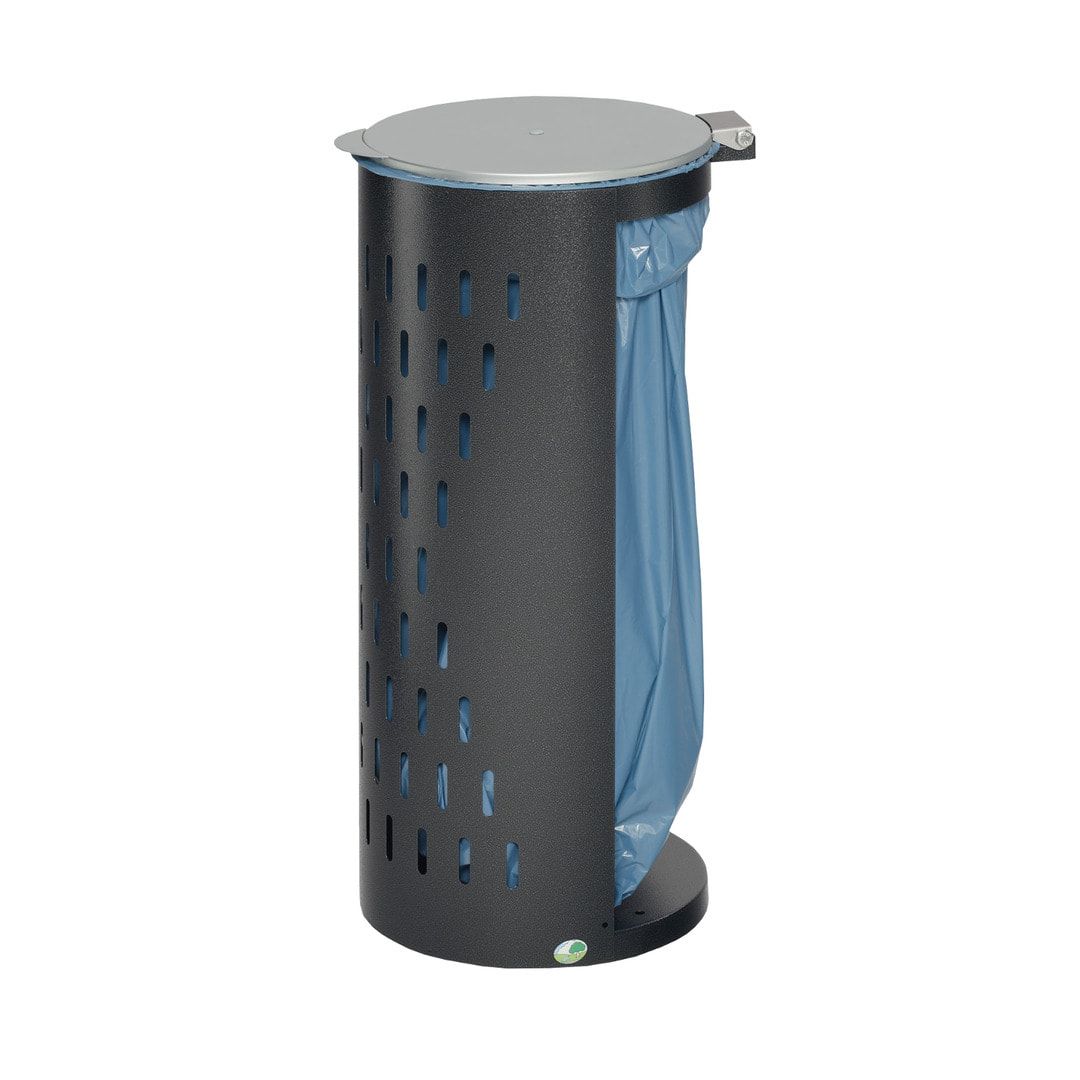 Müllsackhalter - mit Klapptür - gelochter Korpus - rund - Volumen 80 l - 850 x 380 x 440 mm (HxBxT) - Antik silber