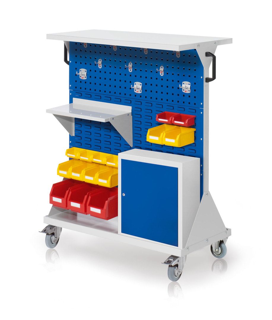 Mobiler Rollwagen, 2 Loch- und 4 Schlitzplatten, 10 Halter, 15 Sichtlagerkästen, Böden, Schrank, 1.270 x 1.000 x 500 mm (HxBxT), Anthrazitgrau
