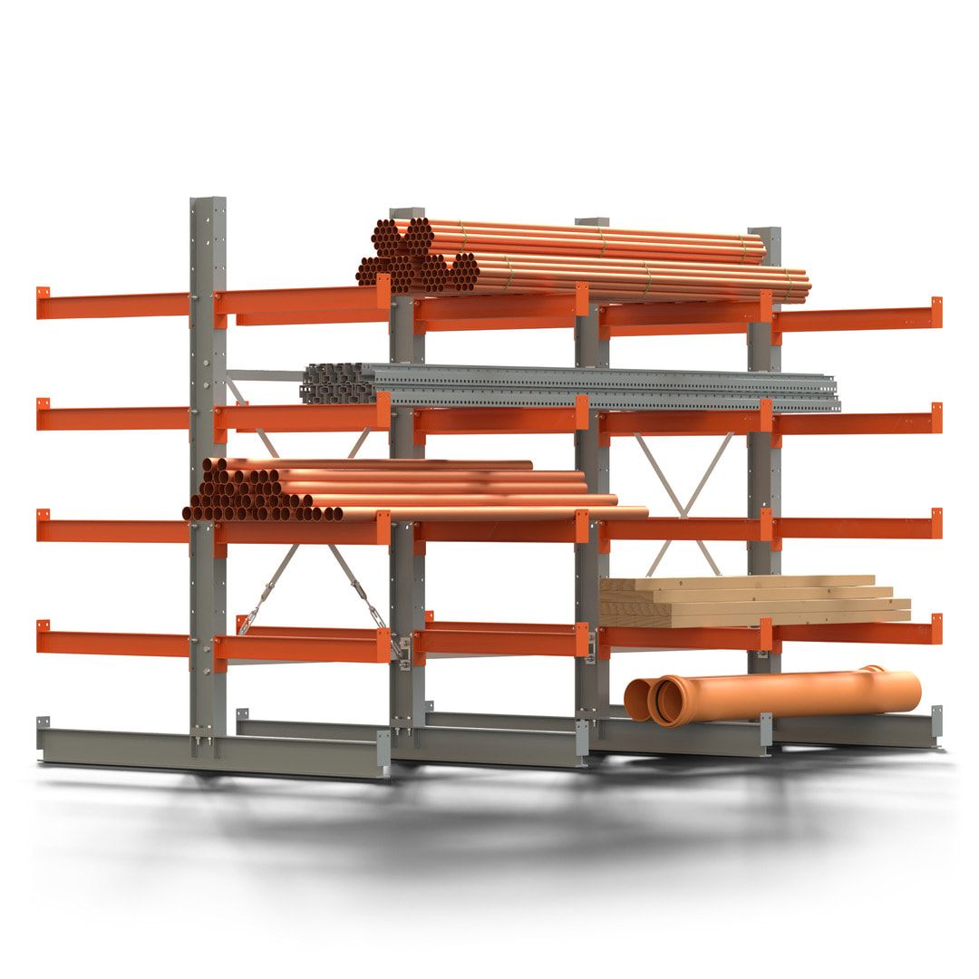 Doppelseitiges Kragarmregal, 2 Felder, 2.000 x 2.000 x 1.120 mm (HxBxT), Nutztiefe 500 mm, Kragarmlast 870 kg, KARL basic, silbergrau/reinorange