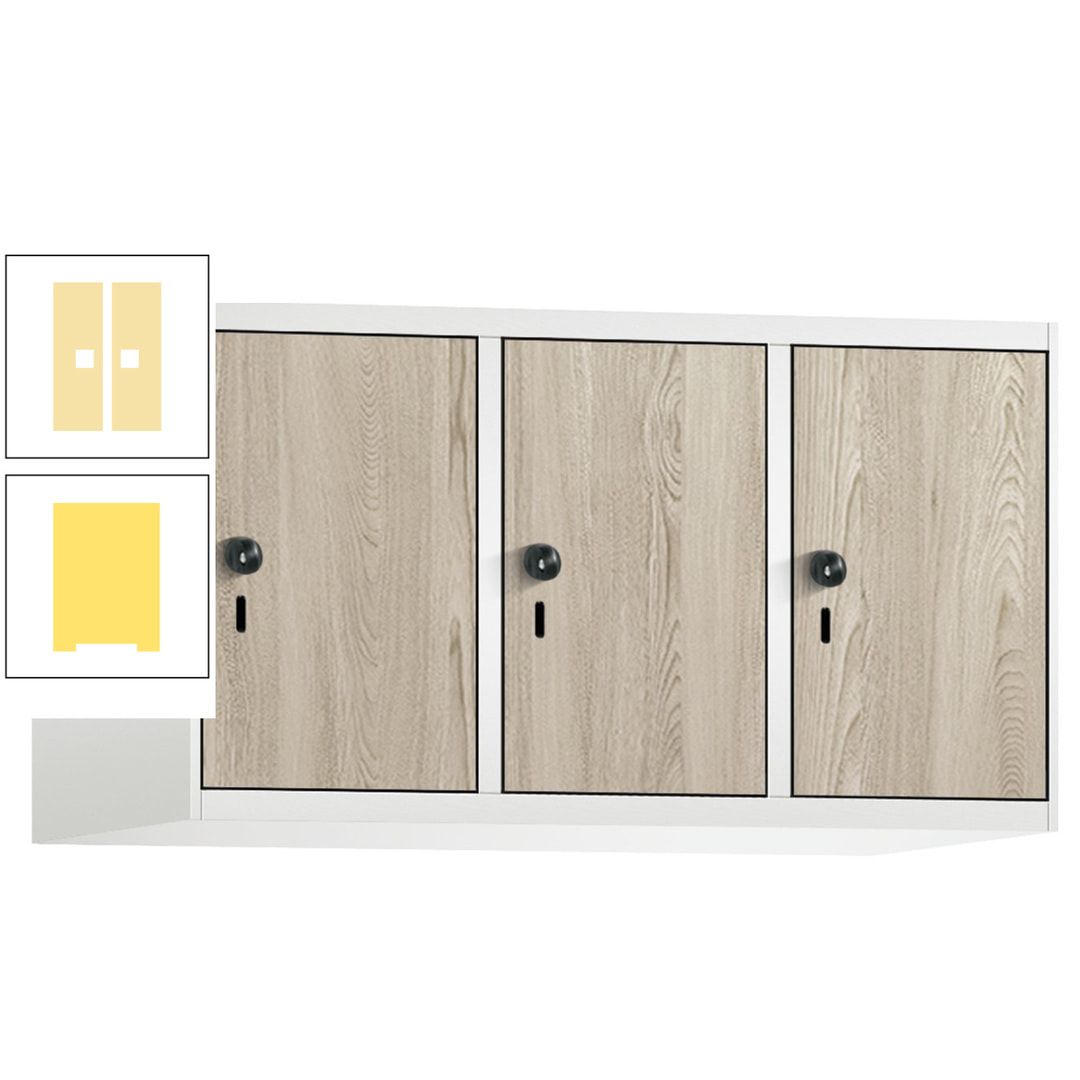 Aufsatzschrank, Schrankaufsatz, 3 Fächer a 300 mm, Farbe Pastellgelb, Tür anthrazitgrau, 500 x 900 x 500 mm (HxBxT)