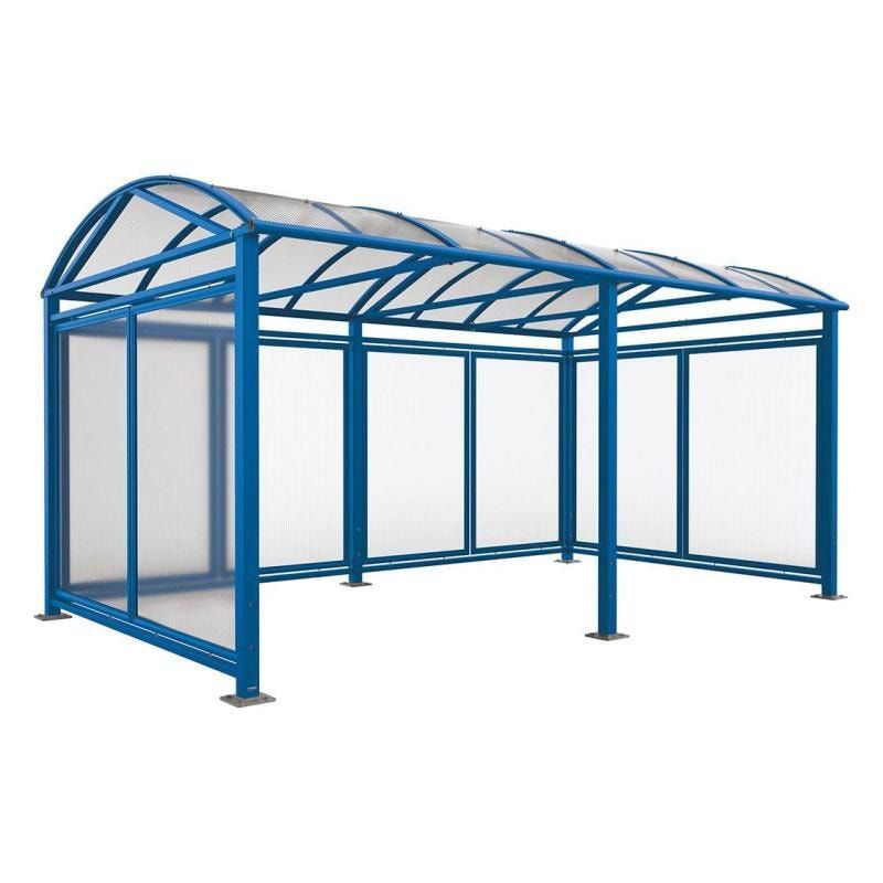 Fahrradüberdachung mit Erweiterung, Seitenverkleidung, Rückwand, Entwässerung, Bodenplatten, 2.640 x 5.040 x 2.830 mm (HxBxT), enzianblau (RAL 5010)