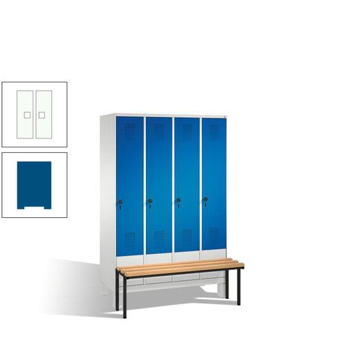 Stahl-Garderobenschrank, Spind, Buche Sitzbank vorgebaut, 4 Abteile a 300 mm, Korpus Lichtgrün, Tür Schwefelgelb, 1.850 x 1.200 x 815 mm (HxBxT)