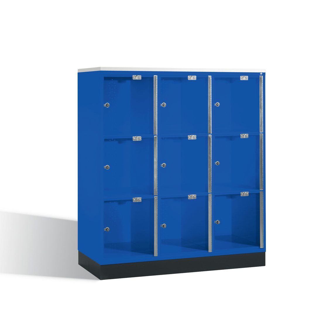 Schließfachschrank, Fächerschrank mit Türen aus Acrylglas, 3 Abteile, 9 Fächer, Zylinderschloss, 1.370 x 1.220 x 500 mm (HxBxT), Korpus anthrazitgrau