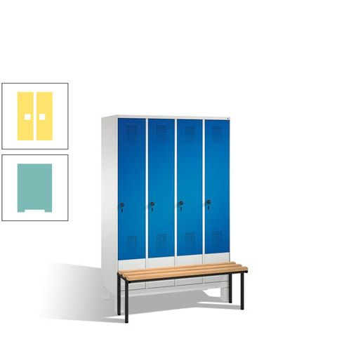 Stahl-Garderobenschrank, Spind, Buche Sitzbank vorgebaut, 4 Abteile a 300 mm, Korpus Lichtgrün, Tür Schwefelgelb, 1.850 x 1.200 x 815 mm (HxBxT)