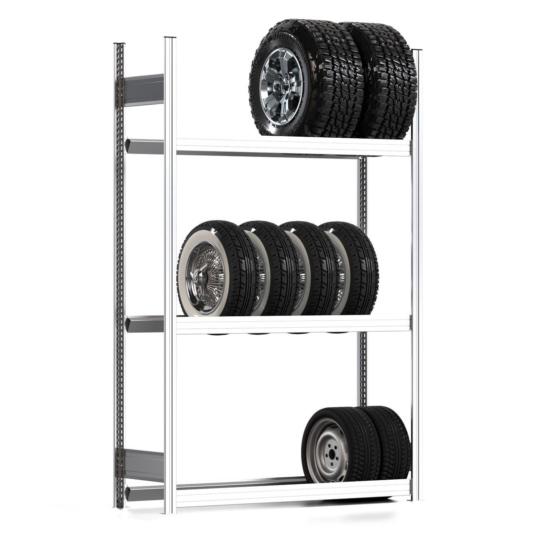 Reifenregal mit Tiefenriegel - 250 kg - 2.000 x 1.285 x 400 mm (HxBxT) - 3 Ebenen - Anbauregal - Steckregal BERT