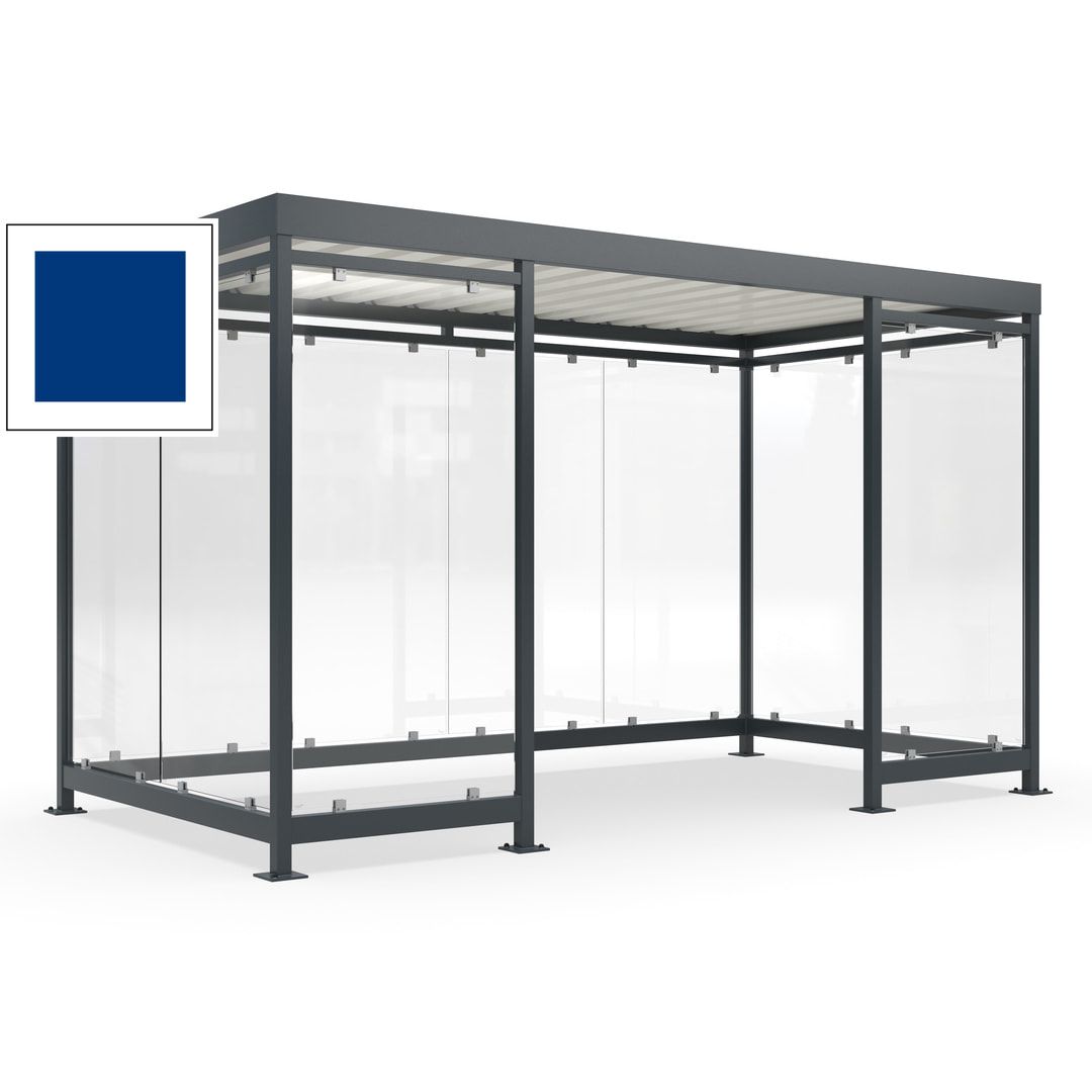 Fahrgastunterstand, Raucherunterstand, fertig montiert, Aufdübeln, 12-13 Personen, 2.510 x 4.195 x 2.165 mm (HxBxT), 10 Wände, Achatgrau