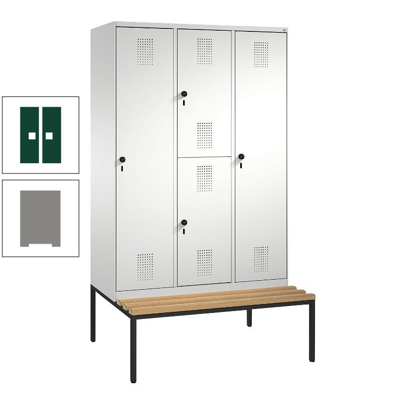 Garderobenschrank, Spind ein- und doppelstöckig Sitzbank, 3 Abteile, 4 Fächer, 2.090x1.200x500 mm (HxBxT), Front anthrazitgrau, Korpus anthrazitgrau