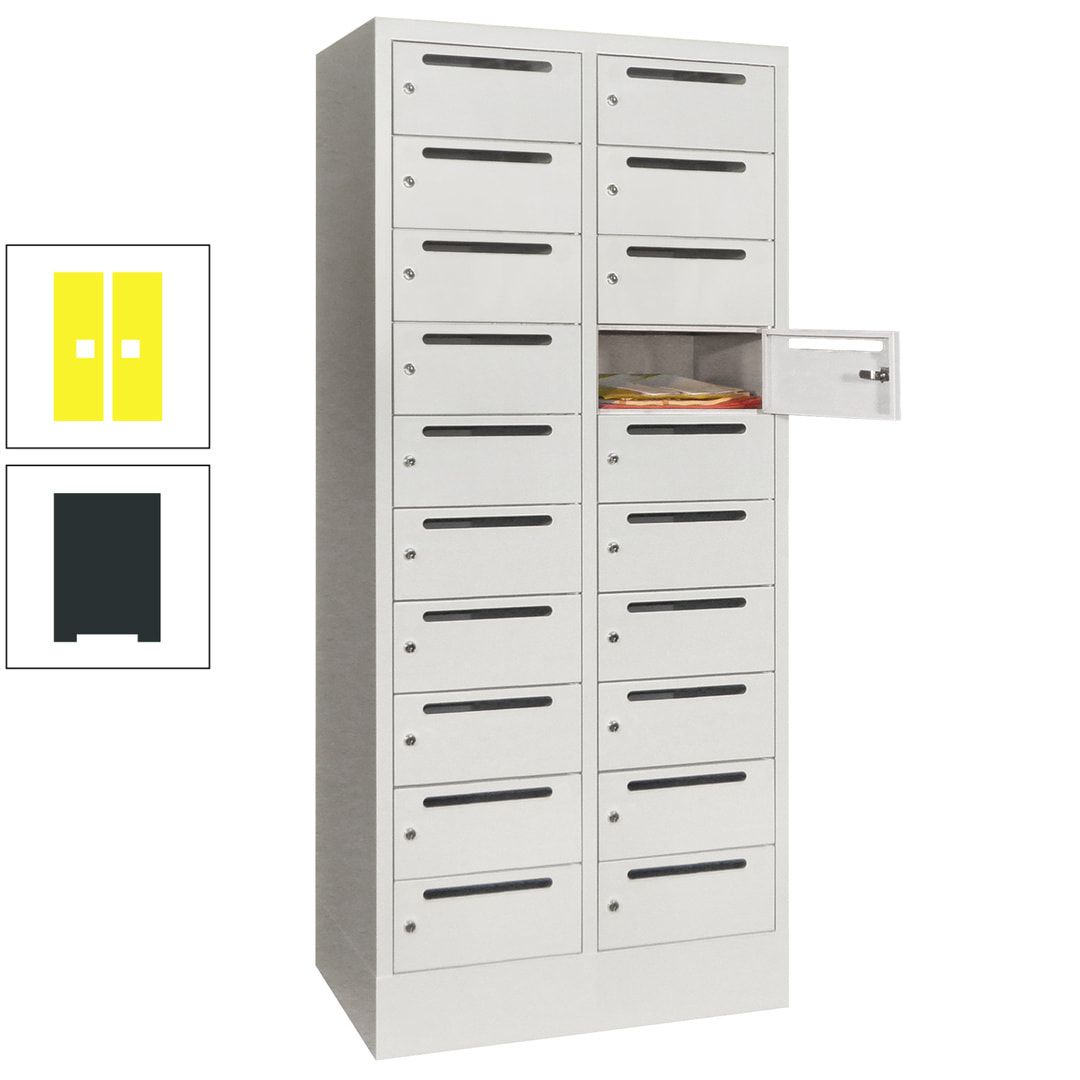Postverteilerschrank, Schließfachschrank, 2 Abteile a 400 mm, 20 Fächer, 1.850 x 800 x 500 mm (HxBxT), Korpus anthrazitgrau, Front anthrazitgrau