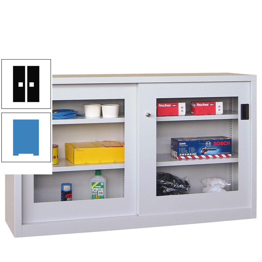 Schiebetürenschrank - Sichtfenstertüren - 1.000x1.500x600 mm (HxBxT) - 4 Böden, verzinkt - Zylinderschloss - anthrazitgrau