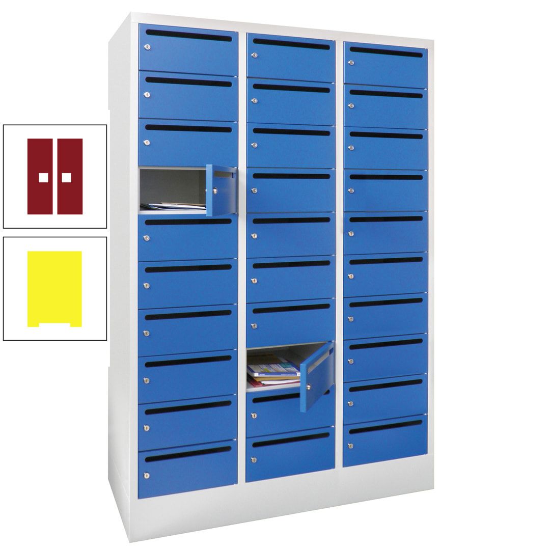 Postverteilerschrank, Schließfachschrank, 3 Abteile a 300 mm, 30 Fächer, 1.850 x 900 x 500 mm (HxBxT), Korpus anthrazitgrau, Front anthrazitgrau