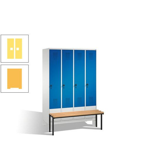 Stahl-Garderobenschrank, Spind, Buche Sitzbank vorgebaut, 4 Abteile a 300 mm, Korpus Lichtgrün, Tür Schwefelgelb, 1.850 x 1.200 x 815 mm (HxBxT)