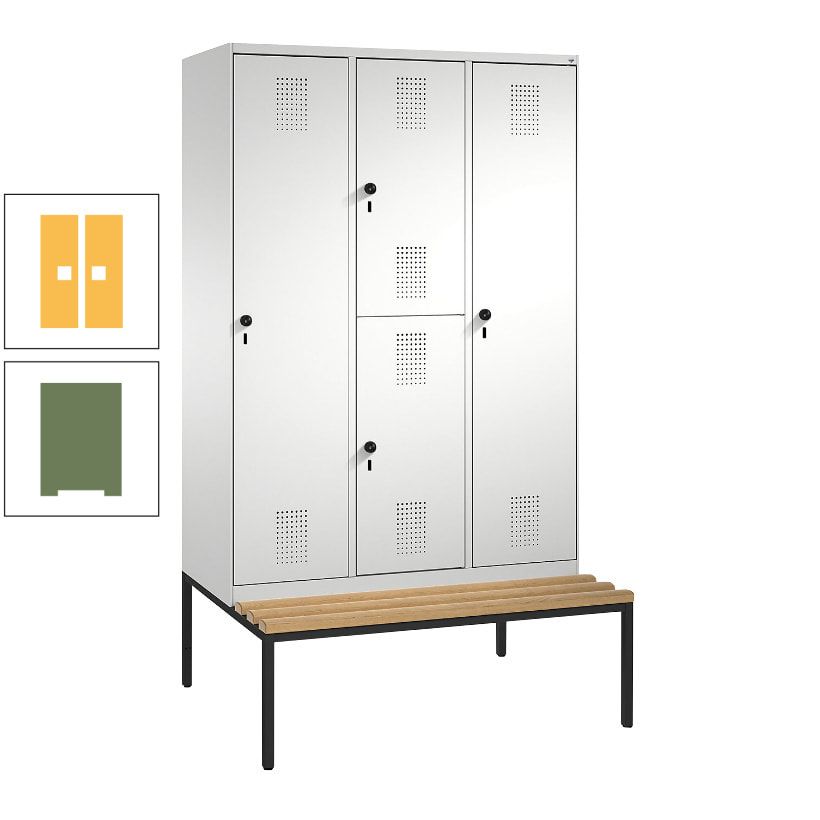Garderobenschrank, Spind ein- und doppelstöckig Sitzbank, 3 Abteile, 4 Fächer, 2.090x1.200x500 mm (HxBxT), Front anthrazitgrau, Korpus anthrazitgrau