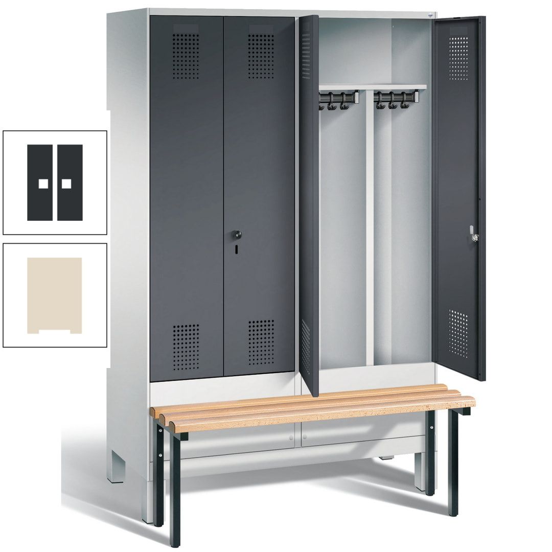 Doppel-Spind, Garderobenschrank, Buche Sitzbank vorgebaut, 4 Abteile a 300 mm, Korpus feuerrot, Tür Wasserblau, 1.850 x 1.200 x 815 mm (HxBxT)
