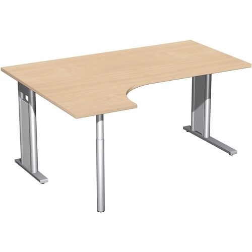 Eckschreibtisch, Ecke links, Füße einseitig verkürzt, C-Fuß Pro, 720 x 1.600 x 1.200 mm (HxBxT), Gestell silber, Dekor Ahorn