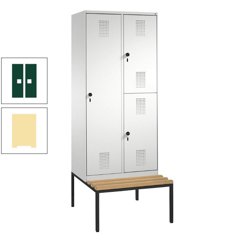 Garderobenschrank, Spind ein- und doppelstöckig Sitzbank, 2 Abteile, 3 Fächer, 2.090 x 800 x 500 mm (HxBxT), Front anthrazitgrau, Korpus anthrazitgrau