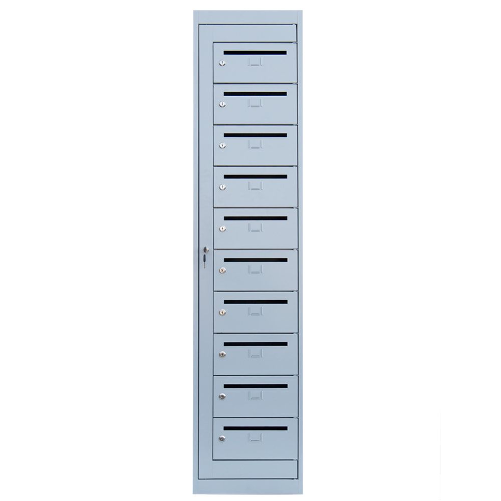 Postverteilerschrank, Ausgabeschrank, Fächerschrank, Zentraltür, 1 Abteil, 10 Fächer, 1.800 x 400 x 500 mm (HxBxT), Korpus lichtgrau, Front enzianblau