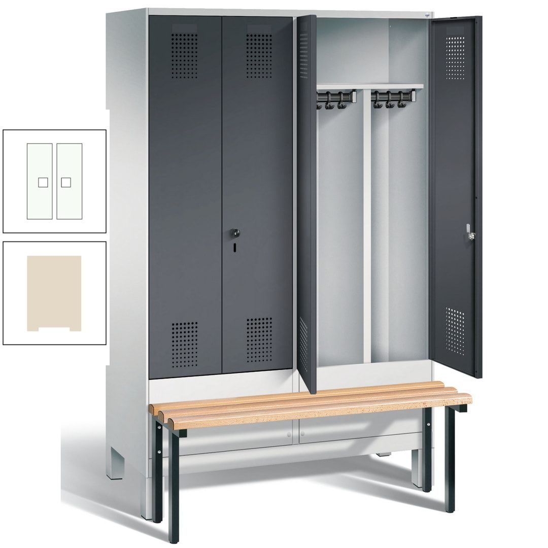 Doppel-Spind, Garderobenschrank, Buche Sitzbank vorgebaut, 4 Abteile a 300 mm, Korpus feuerrot, Tür Wasserblau, 1.850 x 1.200 x 815 mm (HxBxT)