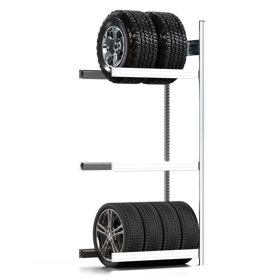 Reifenregal mit Tiefenriegel - 250 kg - 2.000 x 875 x 500 mm (HxBxT) - 3 Ebenen - Anbauregal - Steckregal BERT