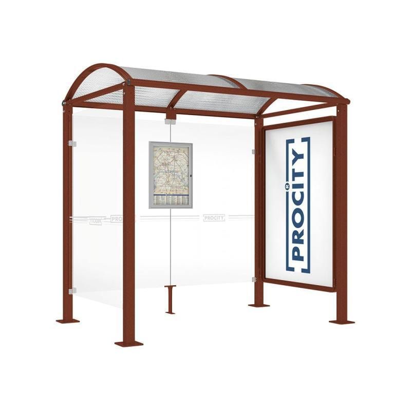 Buswartehalle, Unterstand, 1 Seitenwand, Schaukasten, feuerverzinkt, 2.500 x 2.500 x 1.600 mm (HxBxT), ESG, Fahrplanschaukasten, Farbe enzianblau
