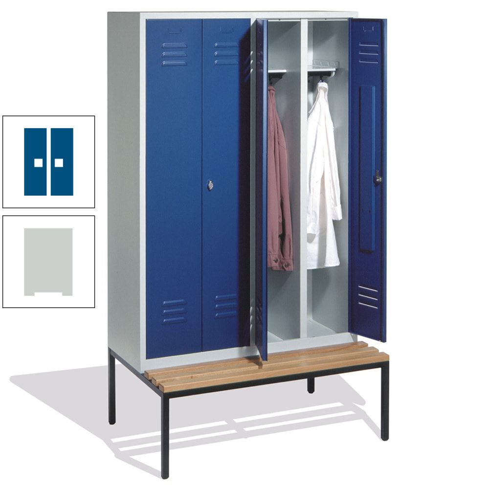 Doppel-Spindschrank, Buche Sitzbank untergebaut, 4 Abteile a 300 mm, Korpus lichtgrau, Tür anthrazitgrau, 2.090 x 1.190 x 815 mm (HxBxT)