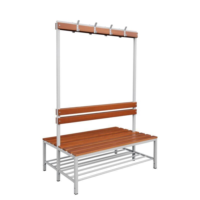 Umkleidebank, doppelseitig, Schuhrost, Haken, Breite 1.200 mm, Sitzhöhe 400 mm, Stahl mit Holzleisten, Gestell: lichtgrau, Sitzleisten: Buche