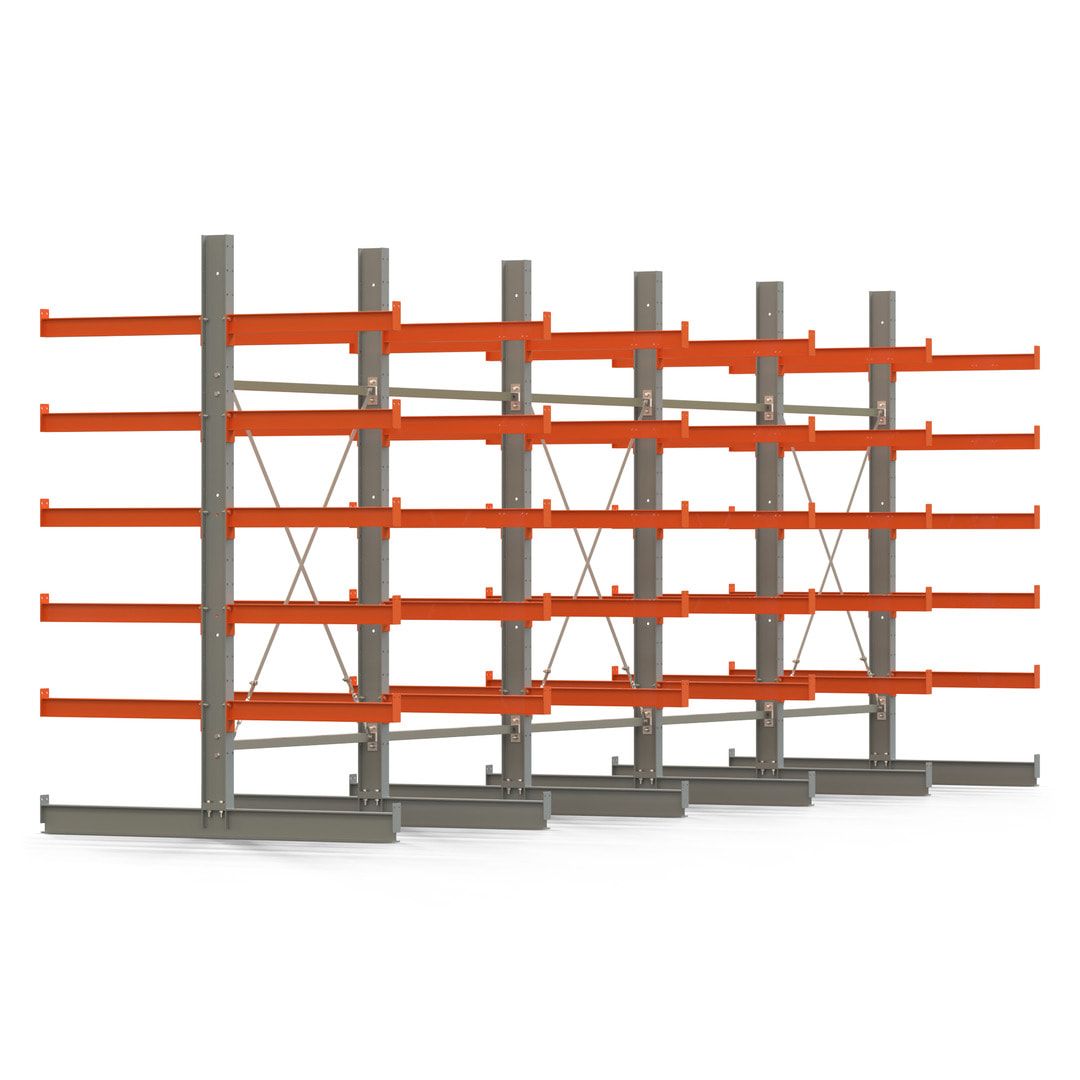 Doppelseitiges Kragarmregal, 2 Felder, 2.500 x 2.560 x 1.120 mm (HxBxT), Nutztiefe 500 mm, Kragarmlast 870 kg, KARL basic, silbergrau/reinorange