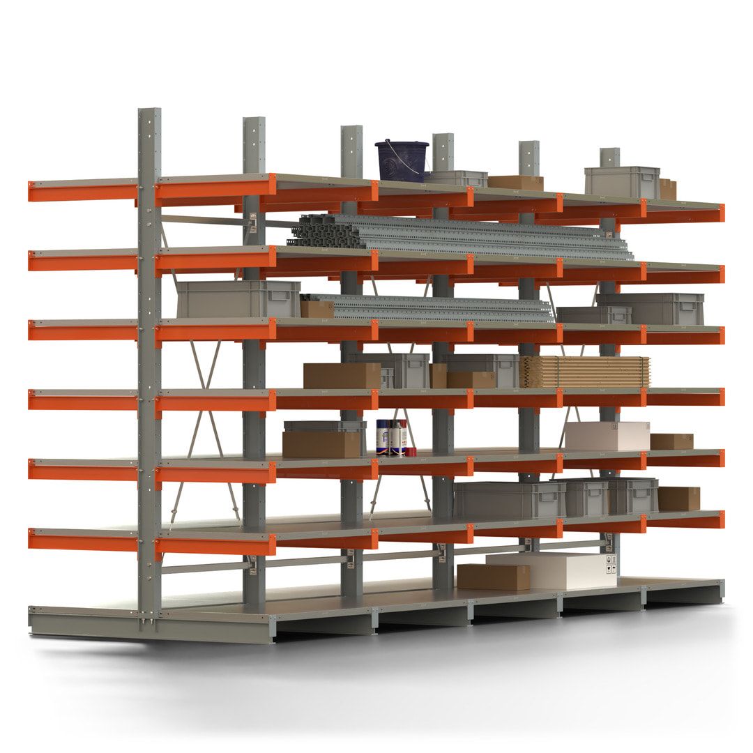 Doppelseitiges Kragarmregal mit Fachböden, 2 Felder, 3.000 x 2.000 (HxB), Nutztiefe 1.000 mm, Kragarmlast 450 kg, KARL basic, silbergrau/reinorange