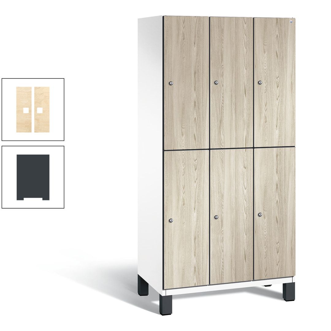 Fächerschrank, Garderobenschrank, mit Füßen, 3 Abteile, 1.980 x 900 x 525 mm (HxBxT), Korpus anthrazitgrau, Tür Donau-Ahorn