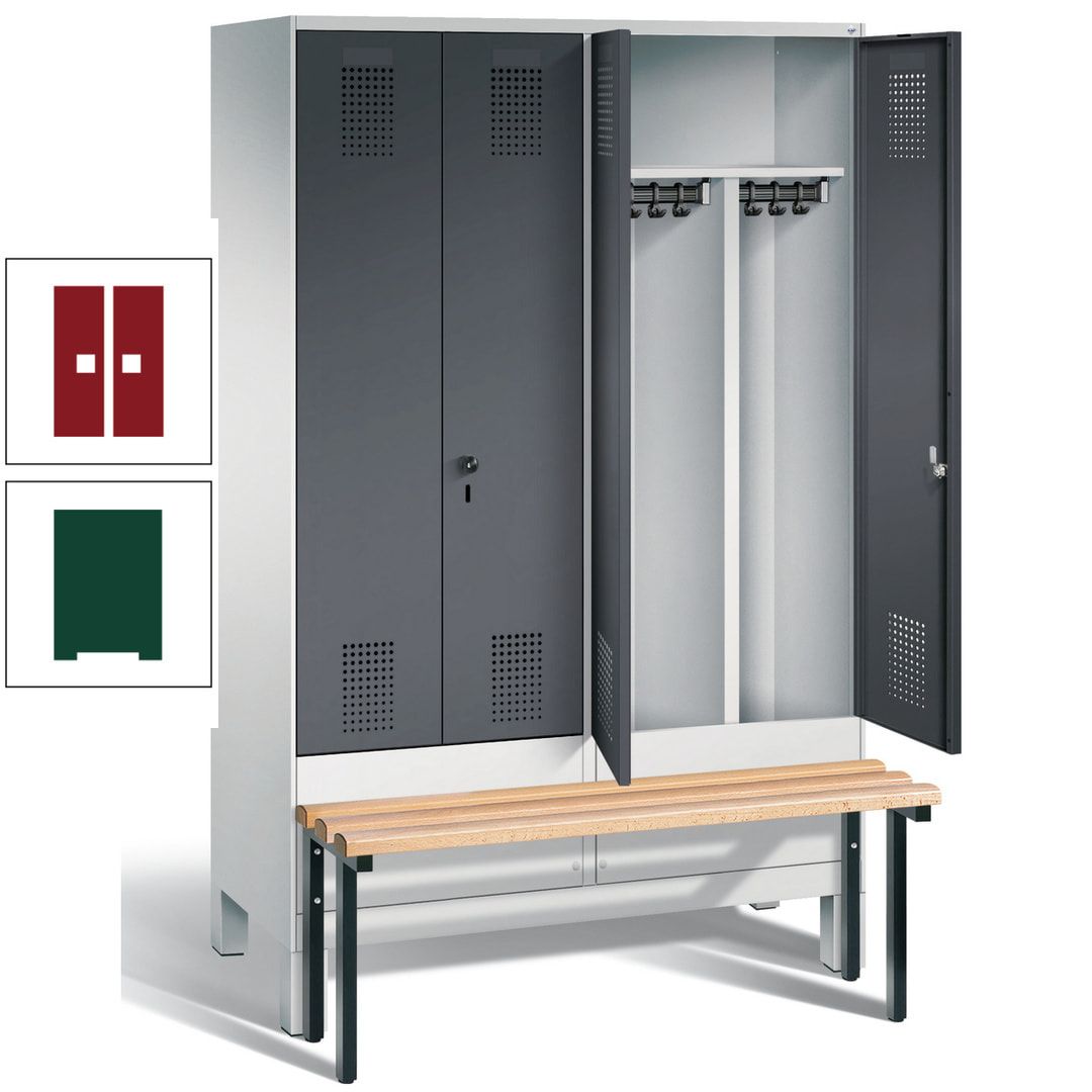 Doppel-Spind, Garderobenschrank, Buche Sitzbank vorgebaut, 4 Abteile a 300 mm, Korpus feuerrot, Tür Wasserblau, 1.850 x 1.200 x 815 mm (HxBxT)