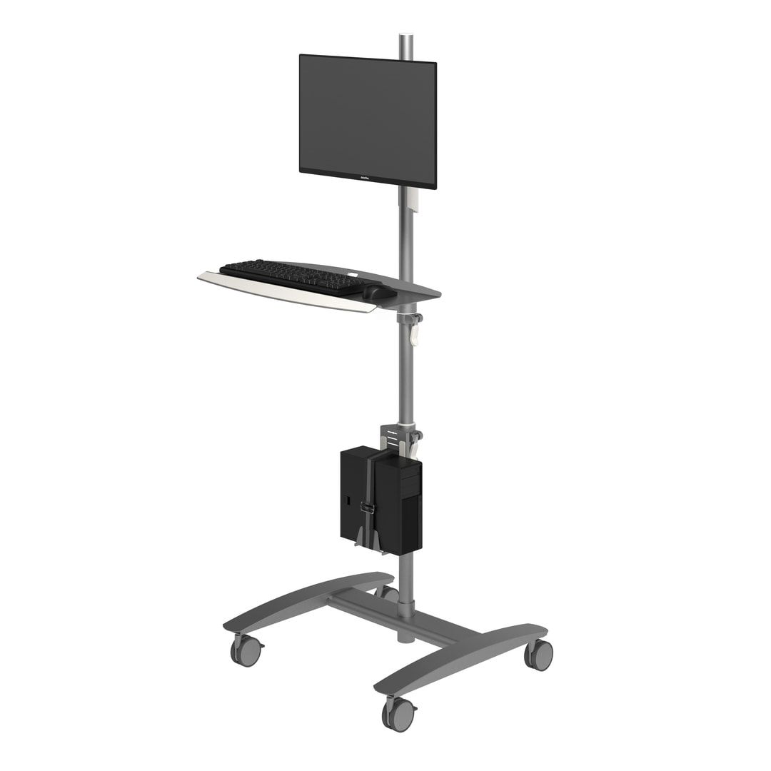 Dateneingabe-Trolley, Workstation, Arbeitsstation, Multimediastation, Monitorhalter, Computer, Rollen, 1.665 x 636 x 600 mm (HxBxT), Stahl, silber