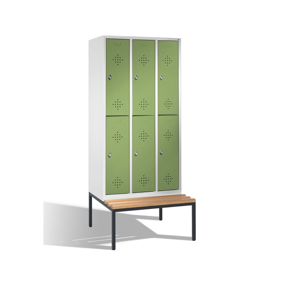 Garderobenschrank, Spind, 3 Abteile 6 Fächer, 2.090 x 1.200 x 815 mm (HxBxT), Hartholz Sitzbank untergebaut, Korpus anthrazitgrau, Türen anthrazitgrau