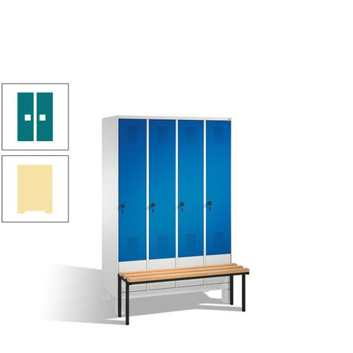 Stahl-Garderobenschrank, Spind, Buche Sitzbank vorgebaut, 4 Abteile a 300 mm, Korpus Lichtgrün, Tür Schwefelgelb, 1.850 x 1.200 x 815 mm (HxBxT)