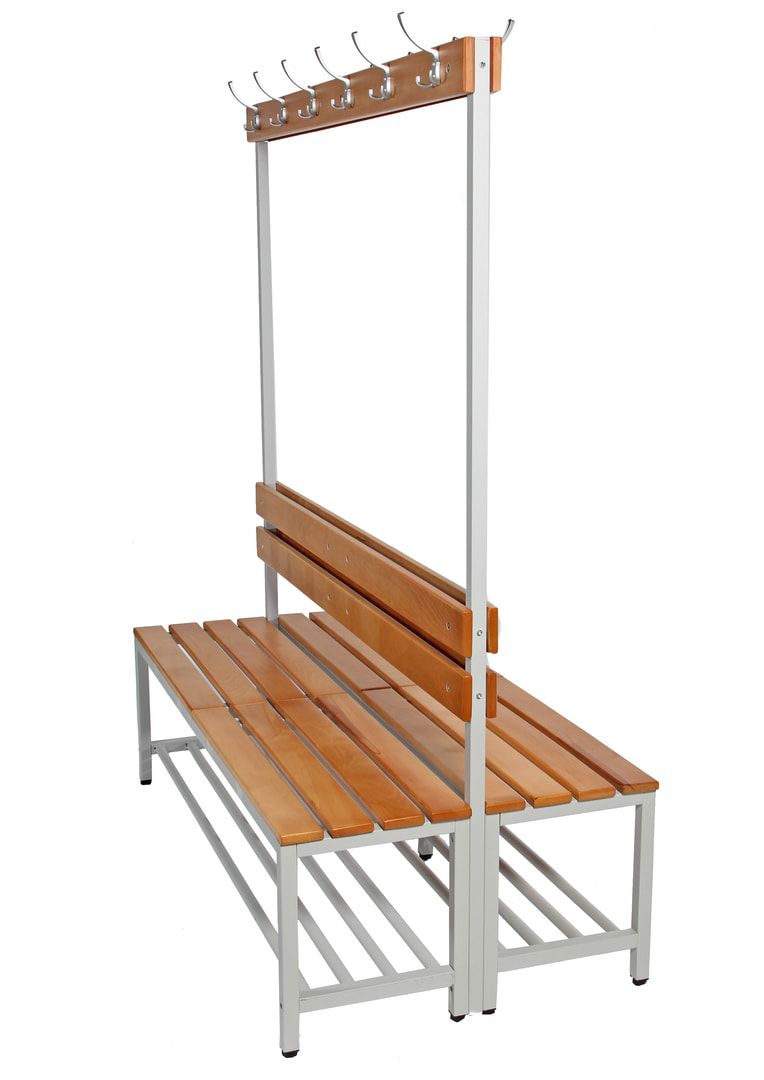 Garderobenbank mit 12 Haken - doppelseitig - Holzleisten - 1.800 x 1.500 x 800 mm (HxBxT) - lichtgrau