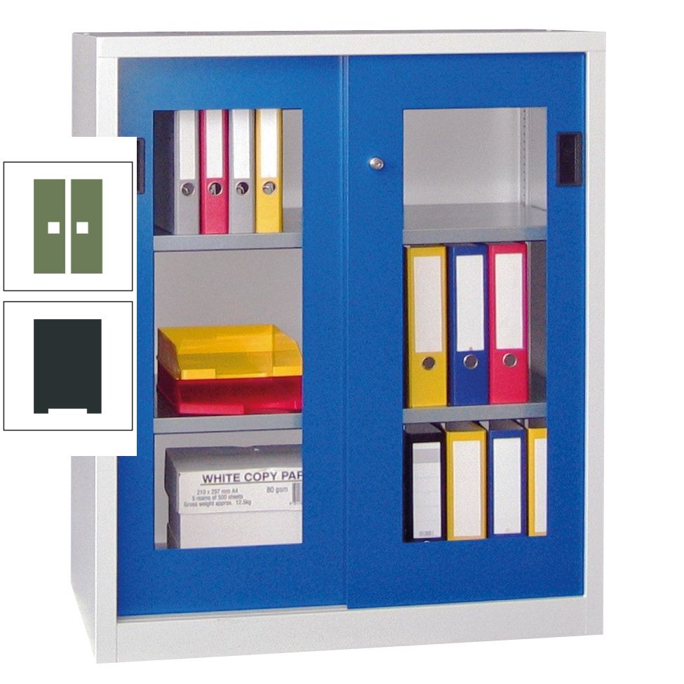 Schiebetürenschrank - Sichtfenstertüren - 1.000x1.000x400 mm (HxBxT) - 2 Böden, gepulvert - Zylinderschloss - anthrazitgrau