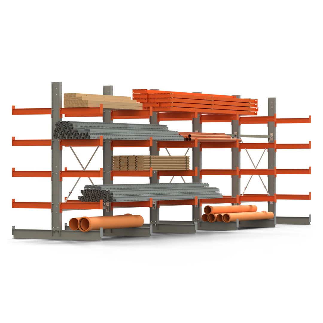 Doppelseitiges Kragarmregal, 2 Felder, 2.000 x 2.560 x 1.120 mm (HxBxT), Nutztiefe 500 mm, Kragarmlast 870 kg, KARL basic, silbergrau/reinorange