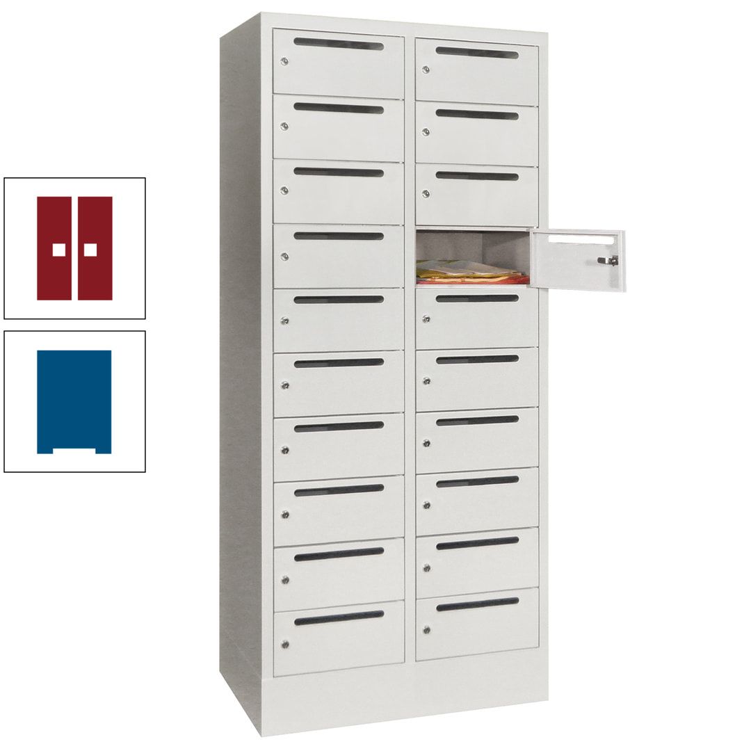 Postverteilerschrank, Schließfachschrank, 2 Abteile a 400 mm, 20 Fächer, 1.850 x 800 x 500 mm (HxBxT), Korpus anthrazitgrau, Front anthrazitgrau
