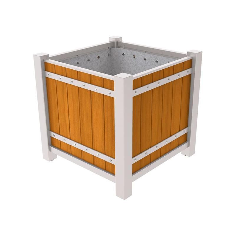 Pflanzbehälter, Pflanzgefäß, verzinkt, Eichenholzverkleidung, innen feuerverzinkt mit Verladungsgriffen, 960 x 1.060 x 1.060 mm (HxBxT), enzianblau