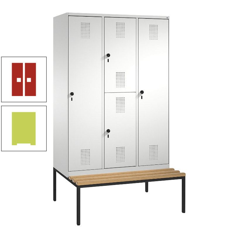 Garderobenschrank, Spind ein- und doppelstöckig Sitzbank, 3 Abteile, 4 Fächer, 2.090x1.200x500 mm (HxBxT), Front anthrazitgrau, Korpus anthrazitgrau