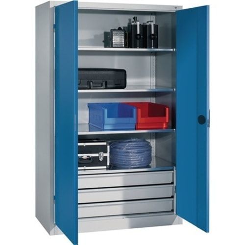 C+P Schwerlastschrank Werkzeugschrank Maschinenschrank, 4 Fachböden, 3 Schubladen unten, Farbe lichtgrau/lichtblau, 1.950 x 1.200 x 500 (HxBxT)