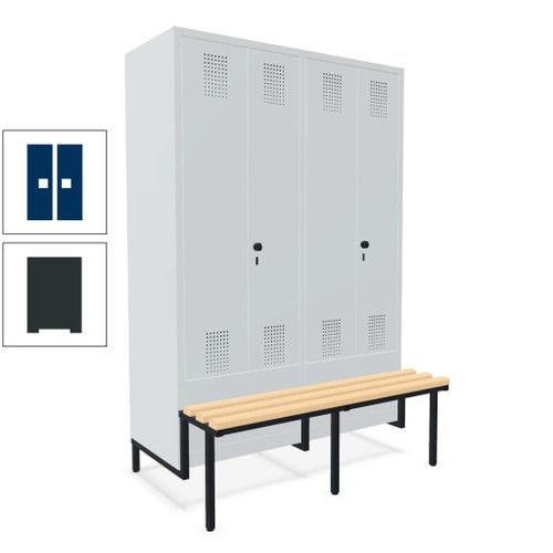 Doppel-Spind, Garderobenschrank, Buche Sitzbank integriert, 4 Abteile 300 mm, Korpus anthrazitgrau, Tür anthrazitgrau, 1.850 x 1.200 x 815 mm (HxBxT)