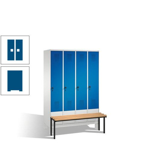 Stahl-Garderobenschrank, Spind, Buche Sitzbank vorgebaut, 4 Abteile a 300 mm, Korpus Lichtgrün, Tür Schwefelgelb, 1.850 x 1.200 x 815 mm (HxBxT)