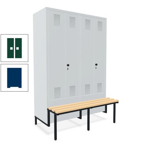 Doppel-Spind, Garderobenschrank, Buche Sitzbank integriert, 4 Abteile 300 mm, Korpus anthrazitgrau, Tür anthrazitgrau, 1.850 x 1.200 x 815 mm (HxBxT)