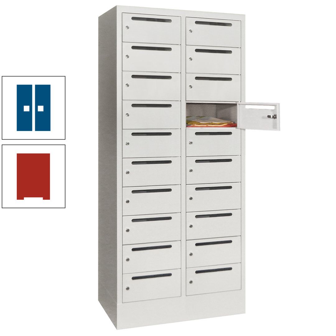 Postverteilerschrank, Schließfachschrank, 2 Abteile a 400 mm, 20 Fächer, 1.850 x 800 x 500 mm (HxBxT), Korpus anthrazitgrau, Front anthrazitgrau