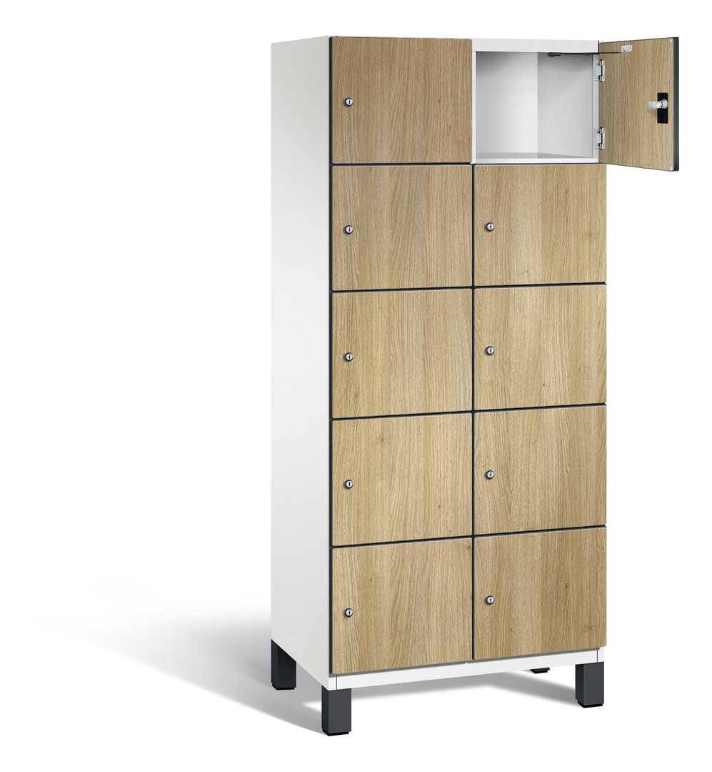 Fächerschrank, Stahlschrank, 10 Fächer, Türöffnungsbegrenzer, Füße, 1.980 x 800 x 525 mm, Korpus anthrazitgrau, Dekorfront HPL Donau-Ahorn