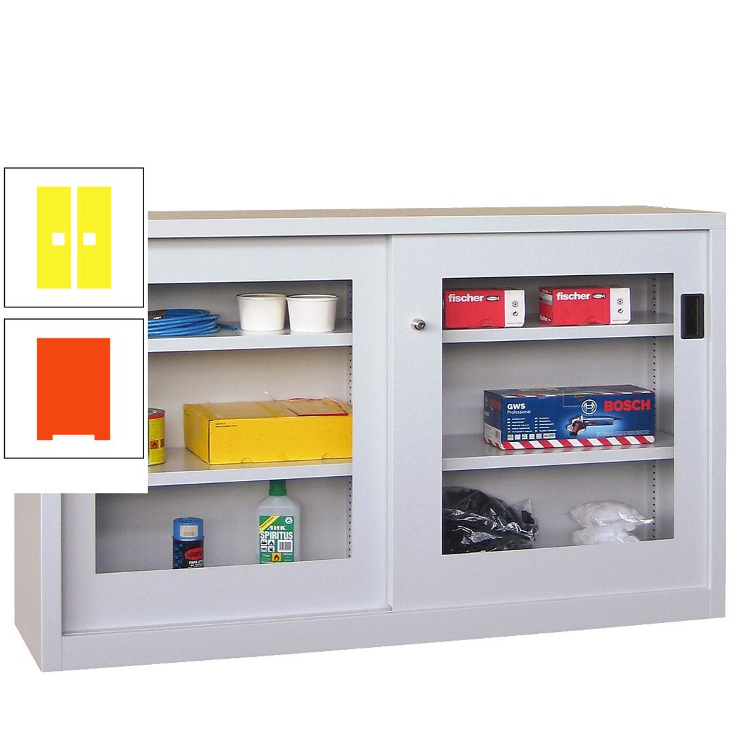 Schiebetürenschrank - Sichtfenstertüren - 1.000x1.500x600 mm (HxBxT) - 4 Böden, verzinkt - Zylinderschloss - anthrazitgrau
