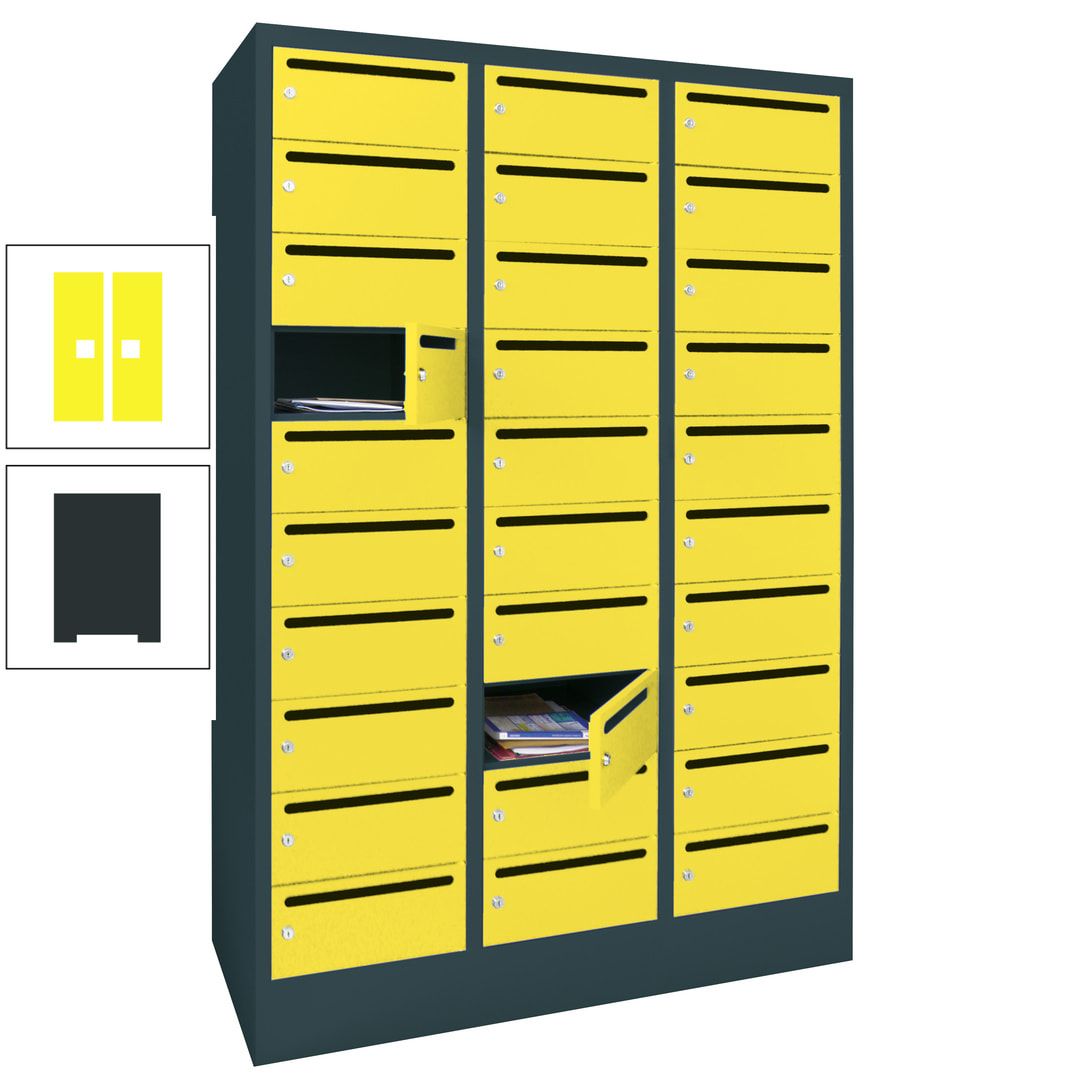 Postverteilerschrank, Schließfachschrank, 3 Abteile a 300 mm, 30 Fächer, 1.850 x 900 x 500 mm (HxBxT), Korpus anthrazitgrau, Front anthrazitgrau