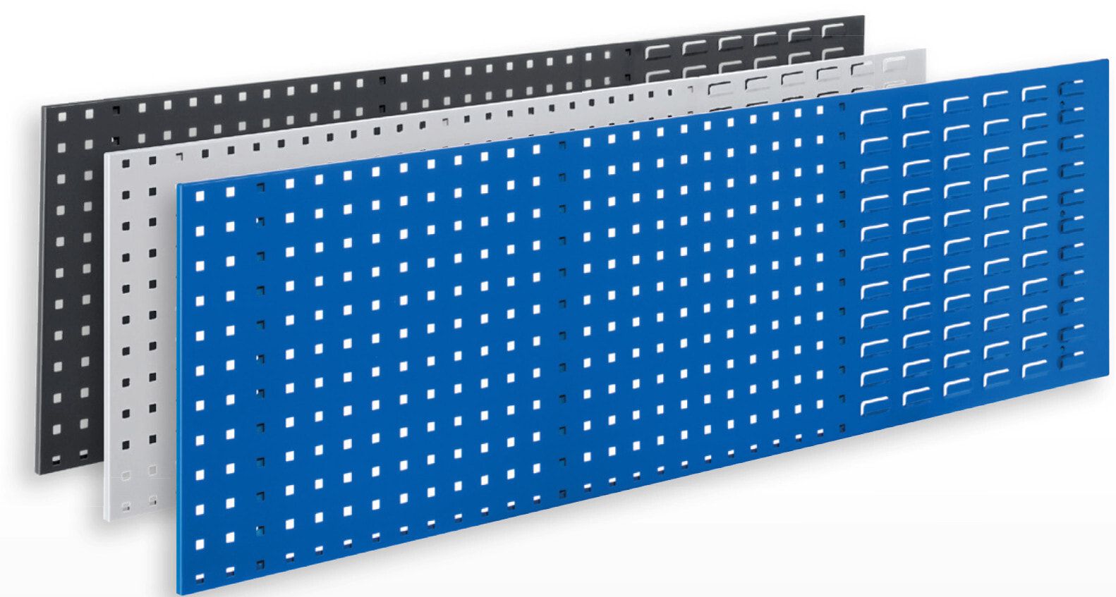Kombiplatte ohne Zubehör, Lochplatte, Schlitzplatte, Werkzeugwand, für Werkzeughalter u. Sichtlagerkästen, 450 x 1.500 mm (HxB), Enzianblau (RAL 5010)