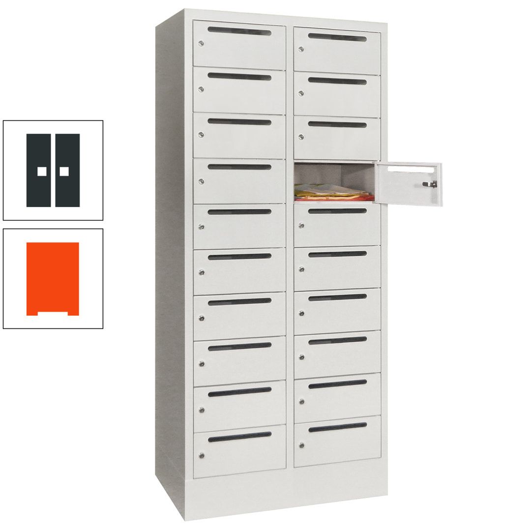 Postverteilerschrank, Schließfachschrank, 2 Abteile a 400 mm, 20 Fächer, 1.850 x 800 x 500 mm (HxBxT), Korpus anthrazitgrau, Front anthrazitgrau