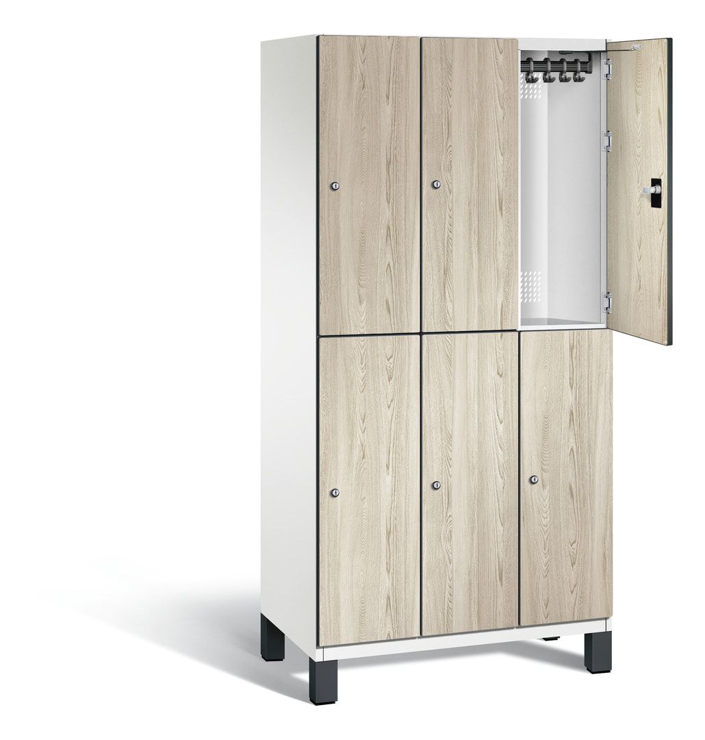 Fächerschrank, Garderobenschrank, mit Füßen, 3 Abteile, 1.980 x 900 x 525 mm (HxBxT), Korpus anthrazitgrau, Tür Donau-Ahorn