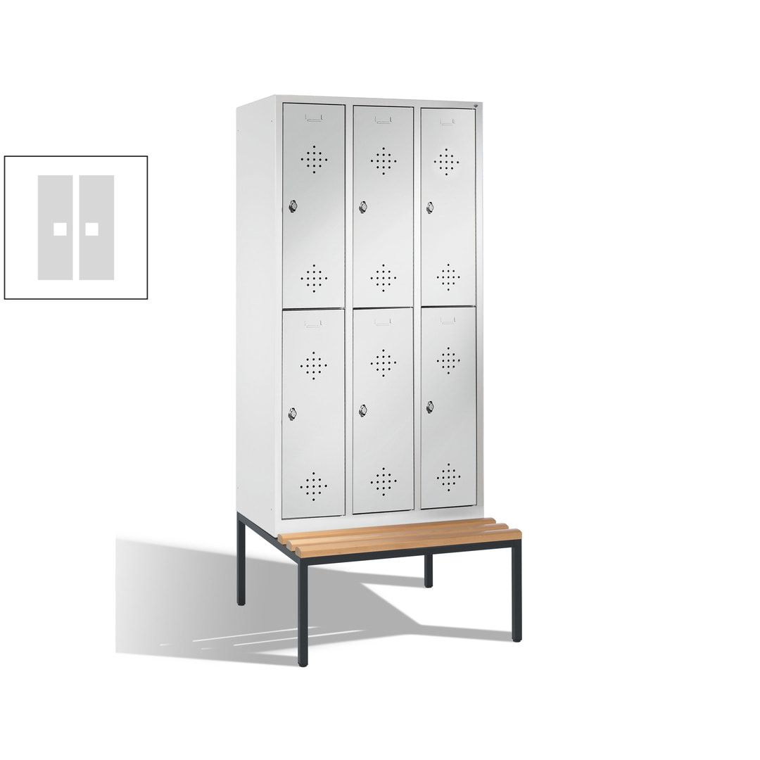 Garderobenschrank, Spind, 3 Abteile 6 Fächer, 2.090 x 1.200 x 815 mm (HxBxT), Hartholz Sitzbank untergebaut, Korpus anthrazitgrau, Türen anthrazitgrau